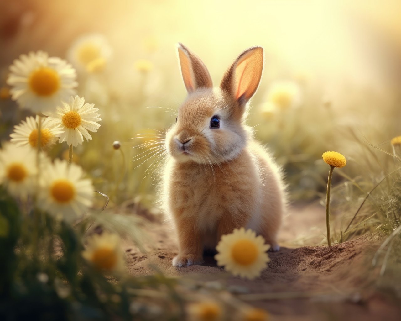 Cute rabbit happily playing in a field of flowers