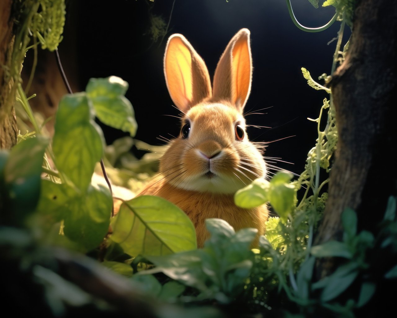 Cute bunny surrounded by plants in a mysterious dark setting