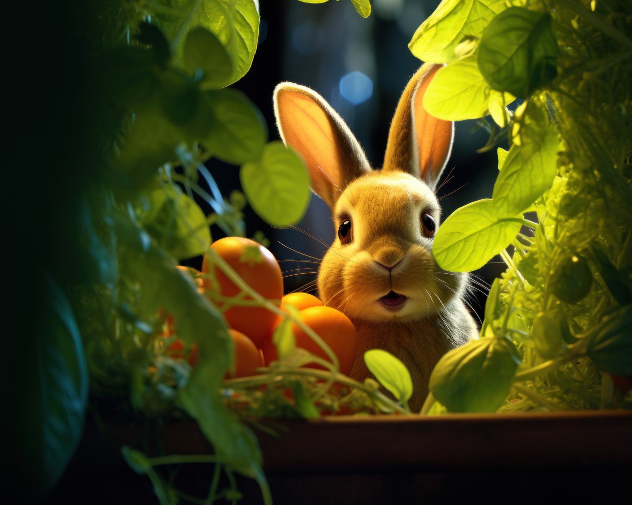 Adorable rabbit amidst foliage in a low light setting