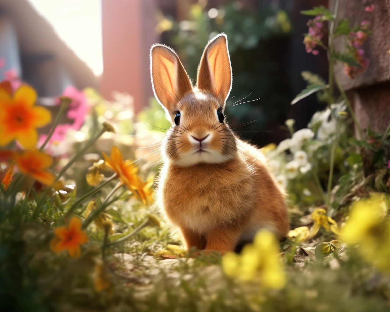 Playful rabbit hides behind flower bed peeking with curiosity in garden scene
