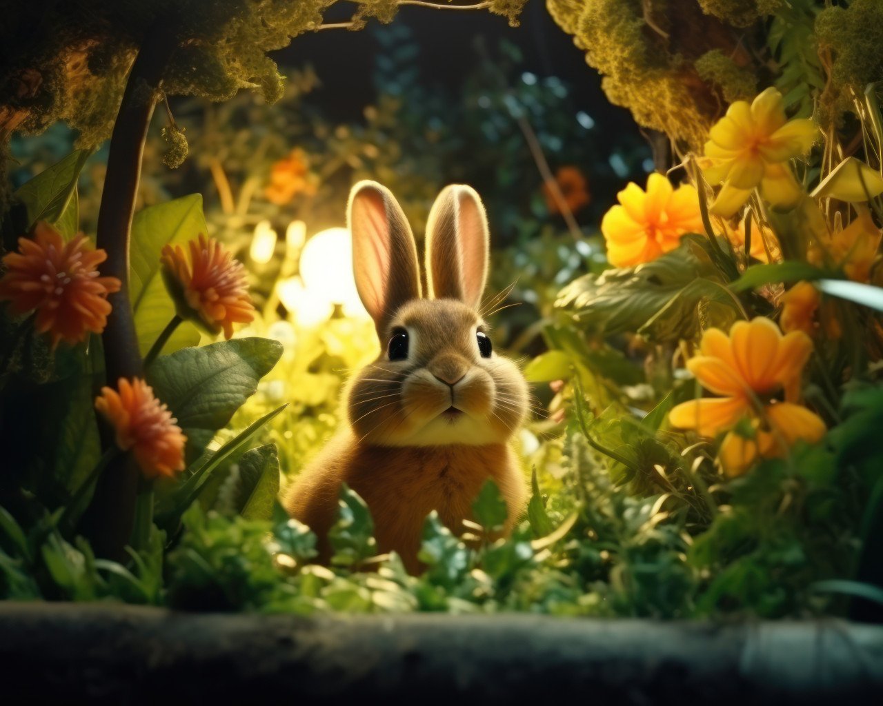 Cute bunny surrounded by plants in a dimly lit environment