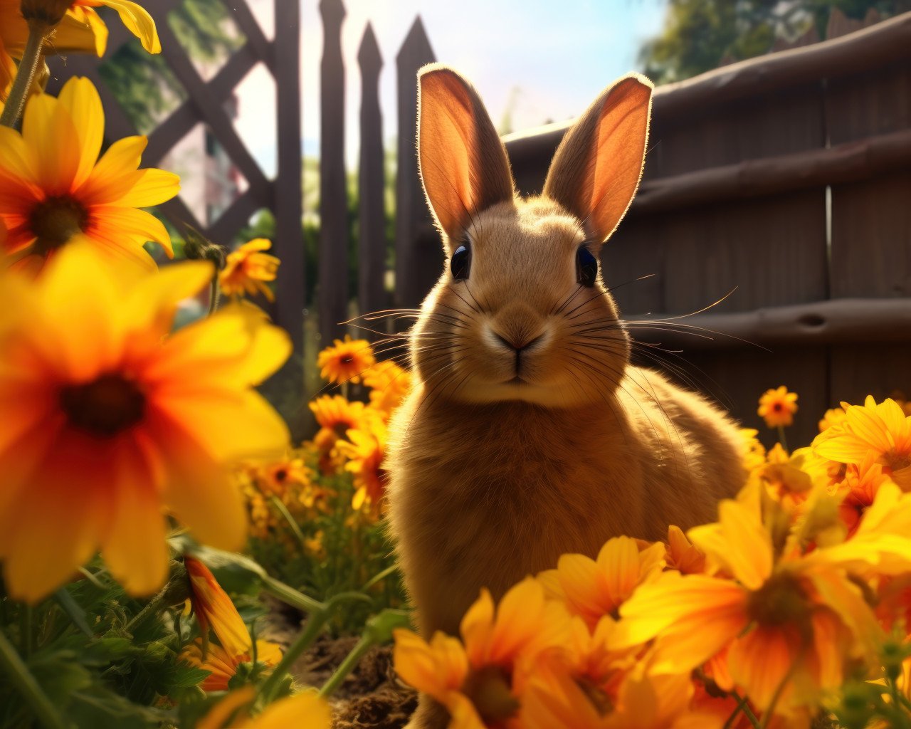 Cute bunny explores behind a flower bed adding charm to the garden view