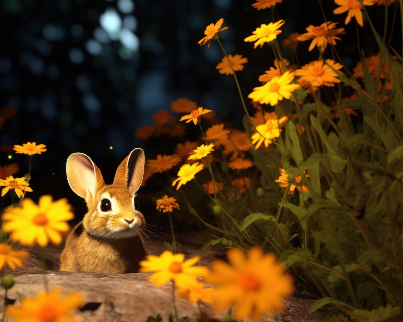 Cute bunny peeking from behind flowers in a delightful garden setting