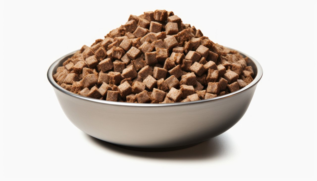 Delicious dog food in a stainless steel bowl on white background