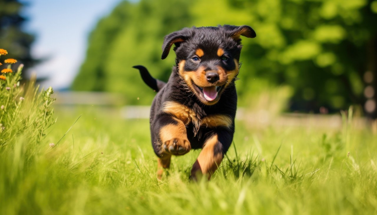 Adorable rottweiler pup happily dashing through lush greenery