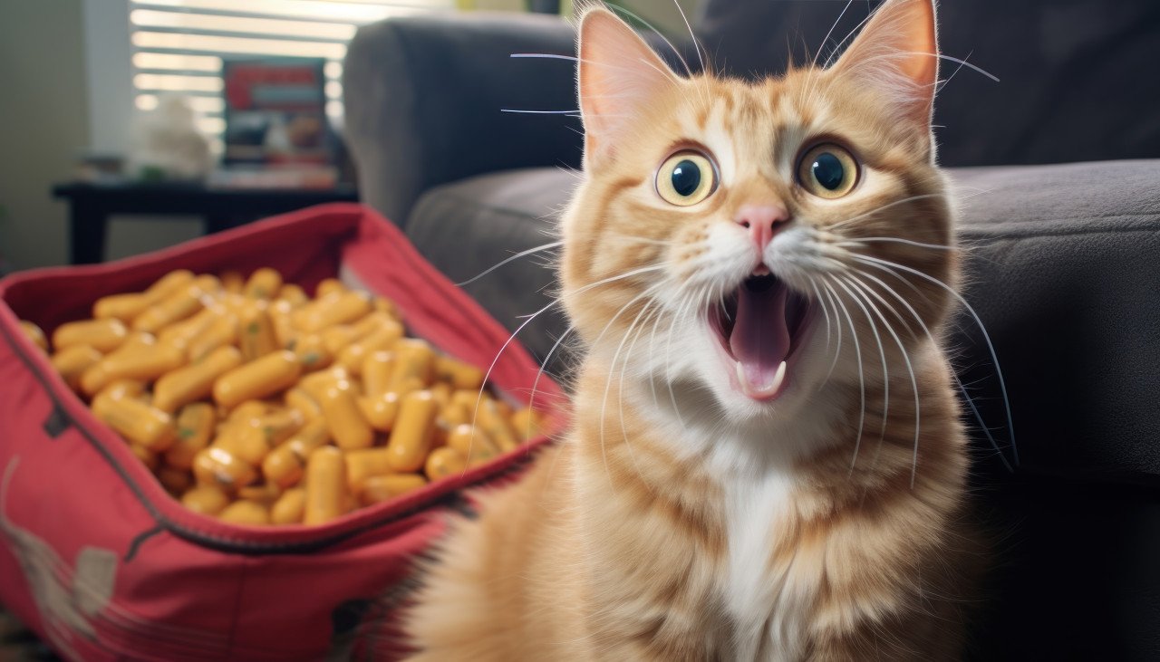 Startled cat reacts to the arrival of pet food