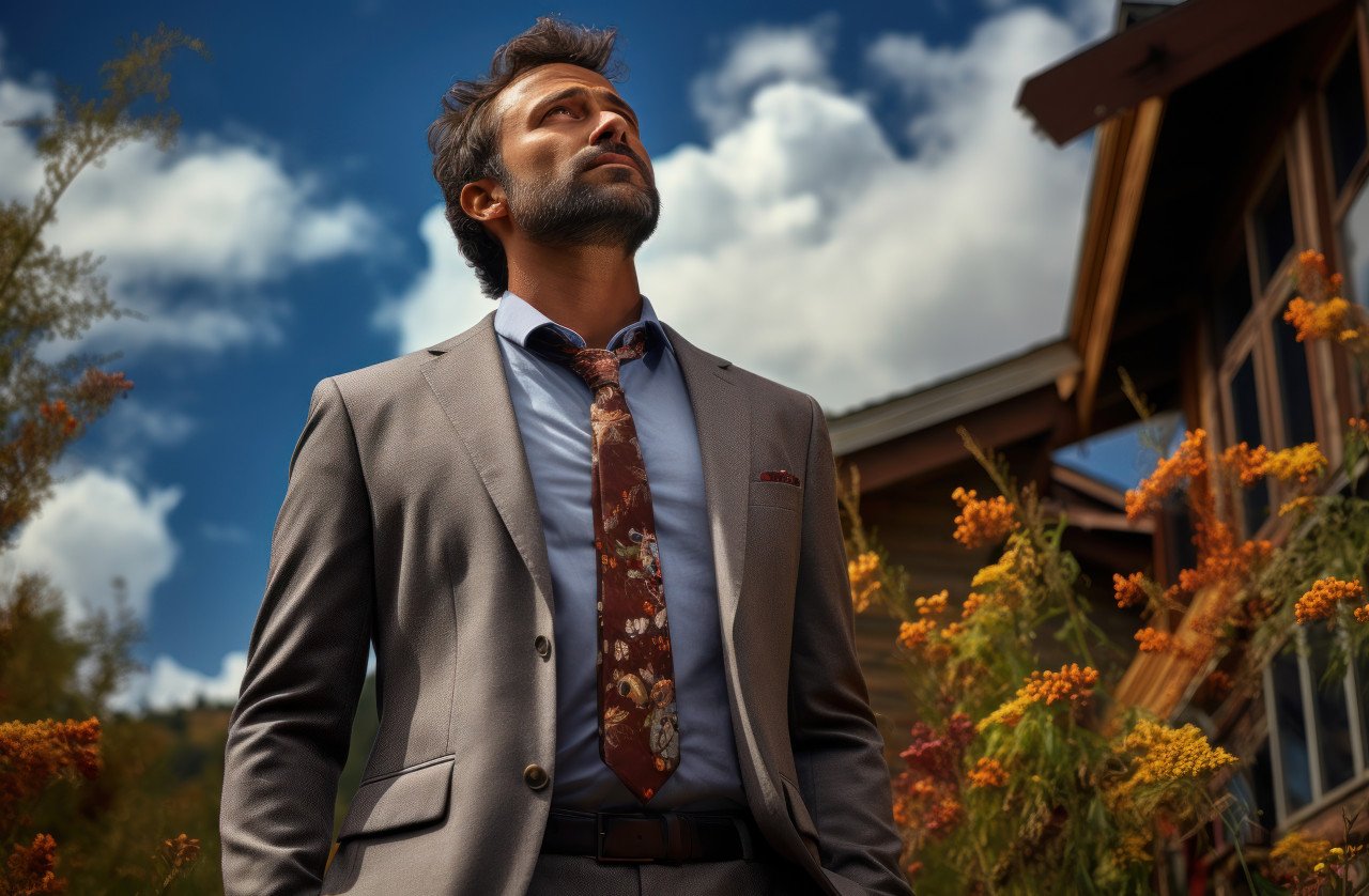 Male businessman in business suit outdoors exuding confidence