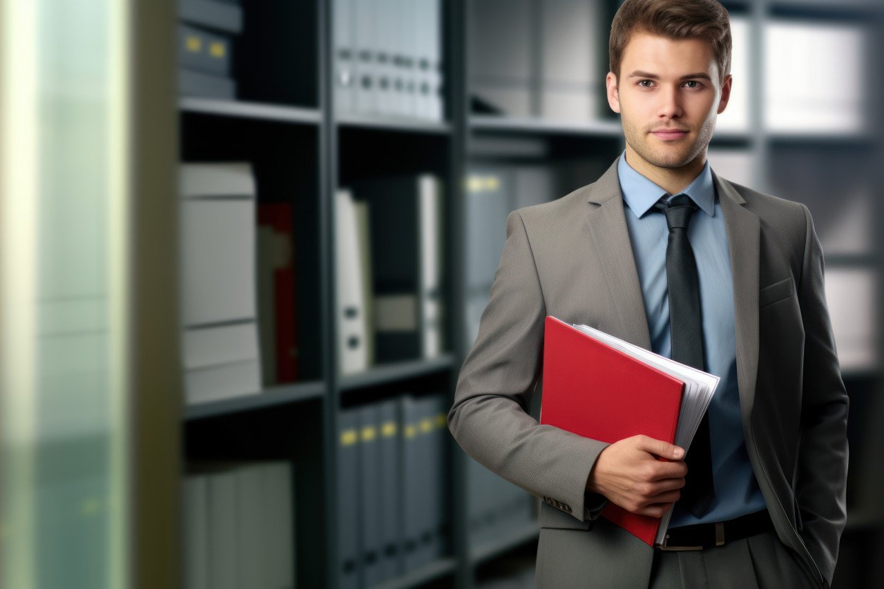 A businessman stands in an office holding a folder