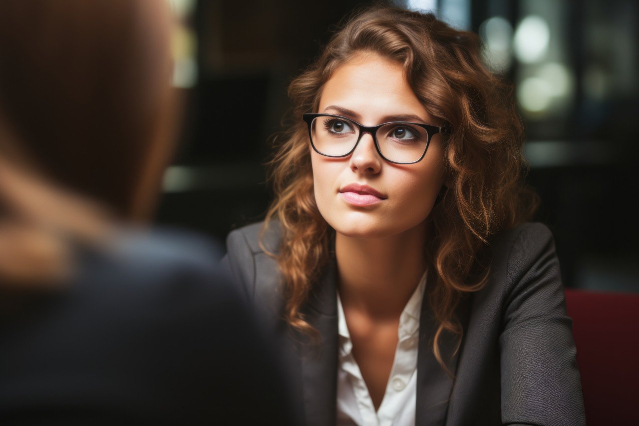 Young female candidate laughing joyfully at job interview