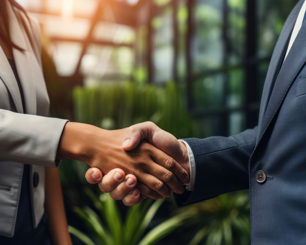 Close up of a man and woman in business attire shaking hands in an office setting