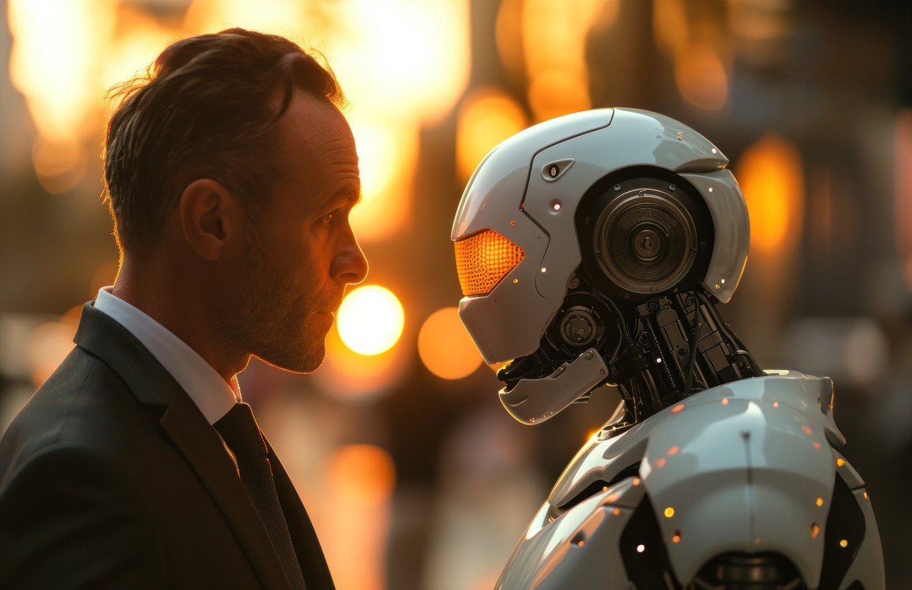 Office meeting between businessman and robot