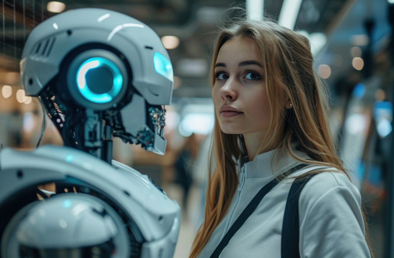 A girl standing in front of a robot and looking into the site