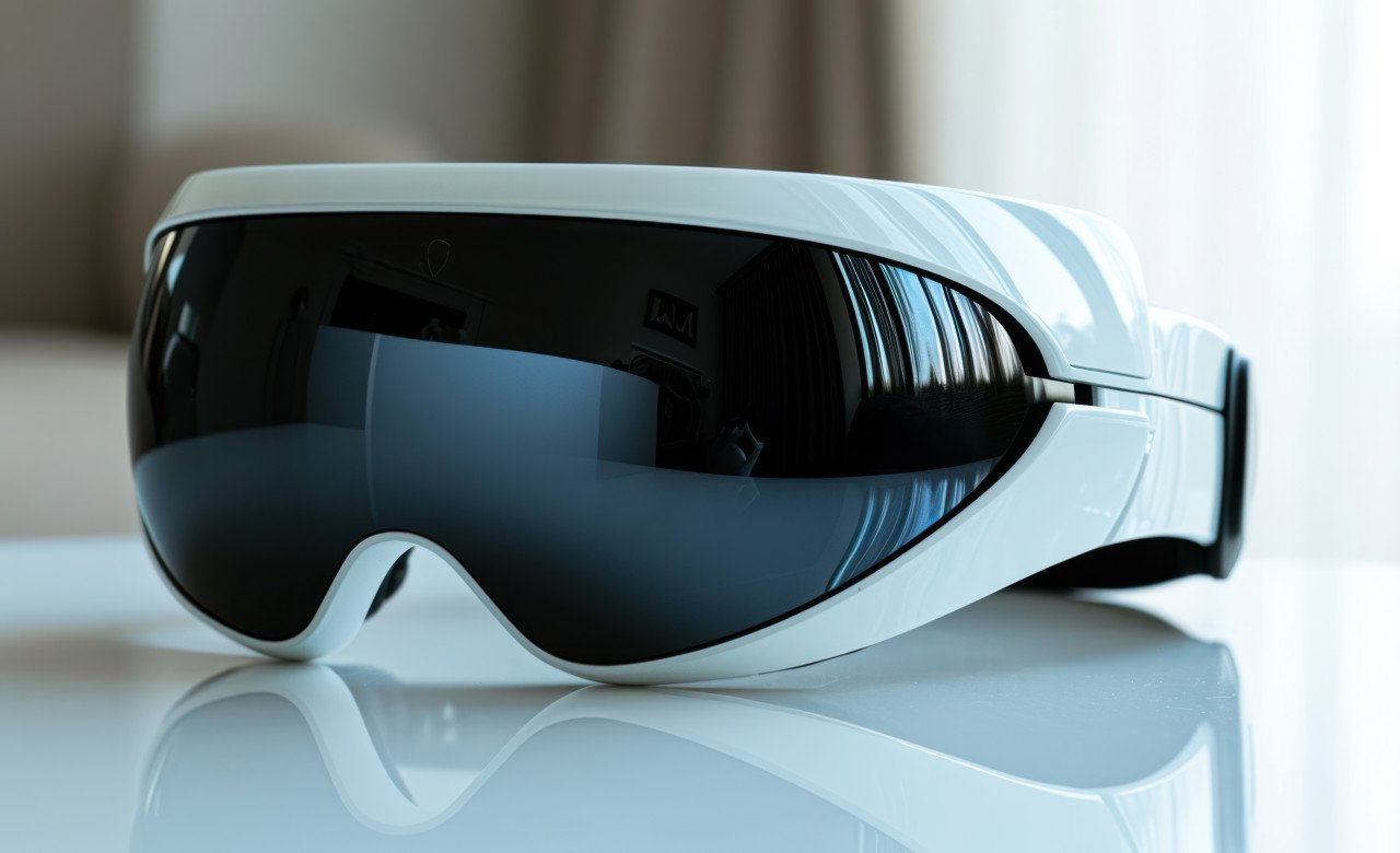 Black and white holo visor on white surface