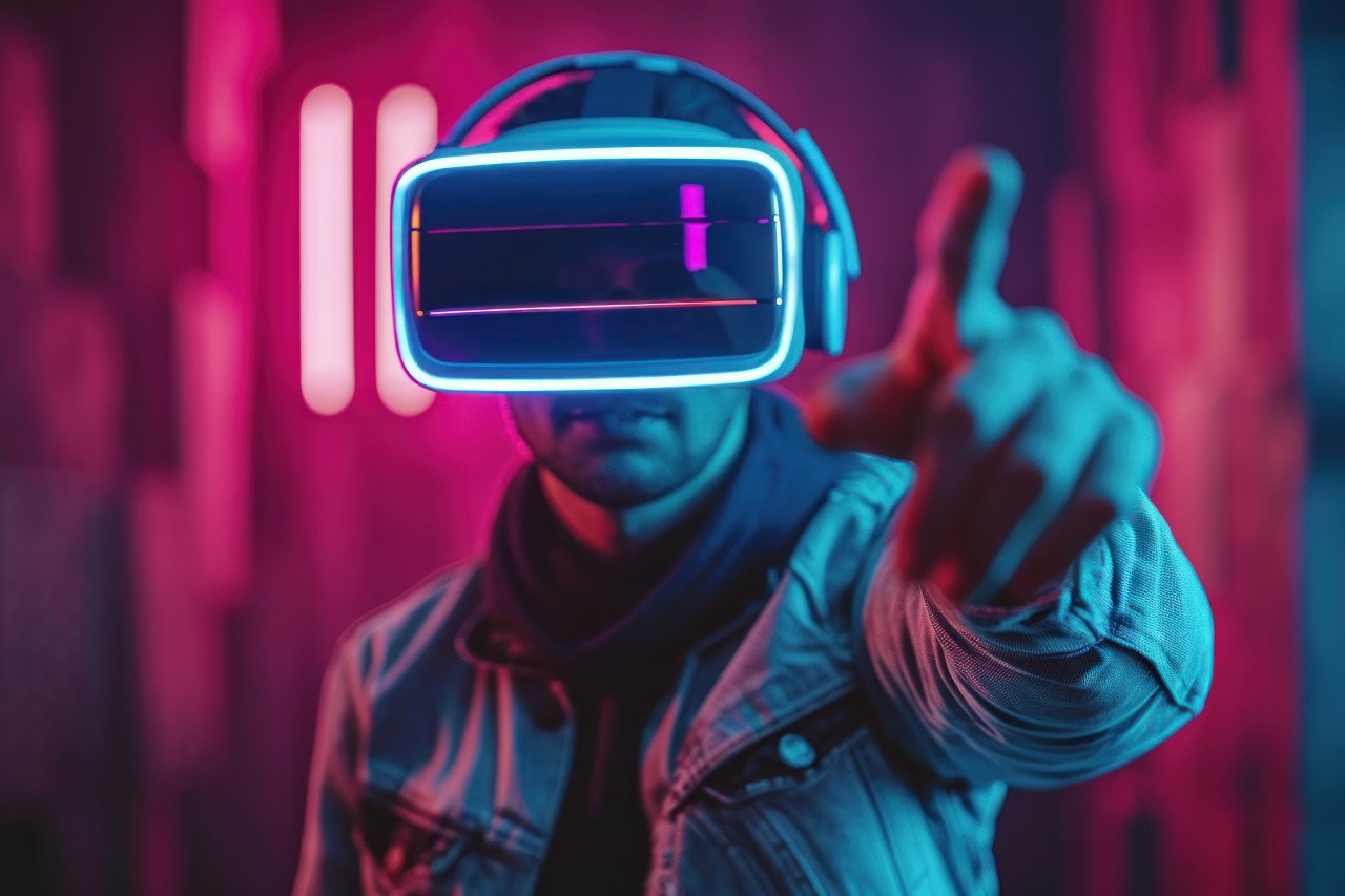 Excited man points at camera with vr helmet in hand