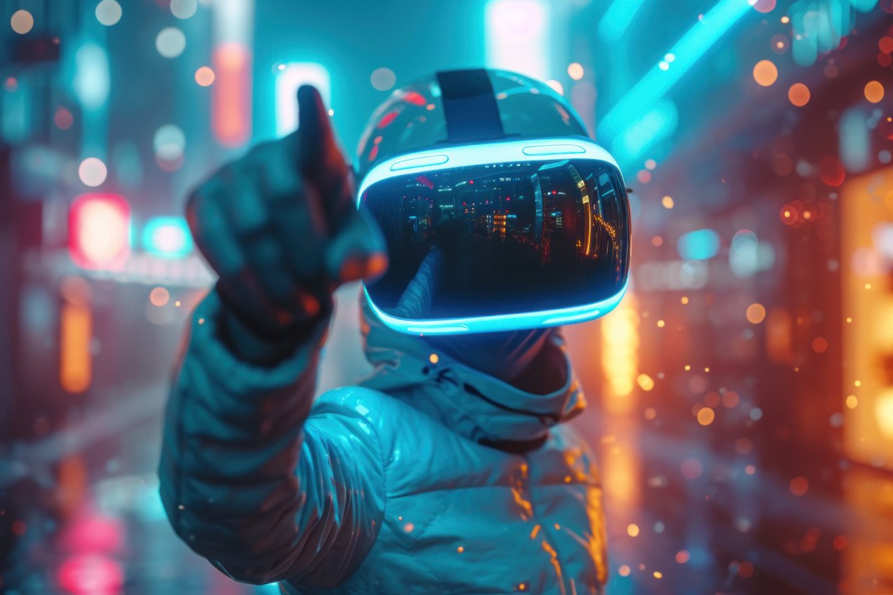 Holding a virtual reality helmet this man points towards the camera