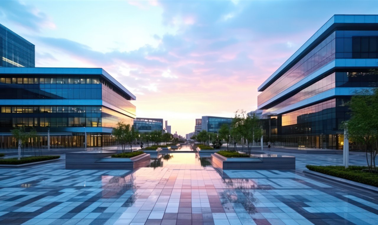 Sunrise transforms the front courtyard of a business city building