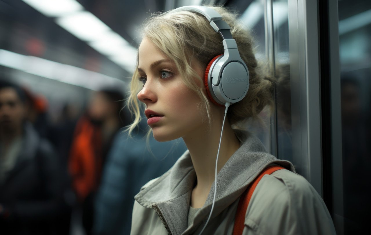 A woman wearing headphones gazes at her reflection