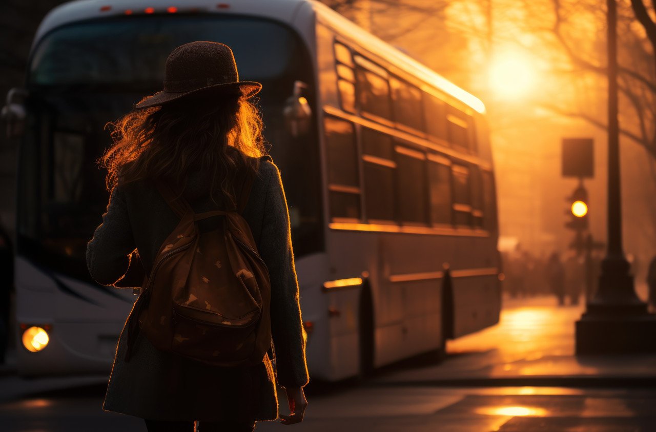 A pedestrian strolling alongside a bus on the street