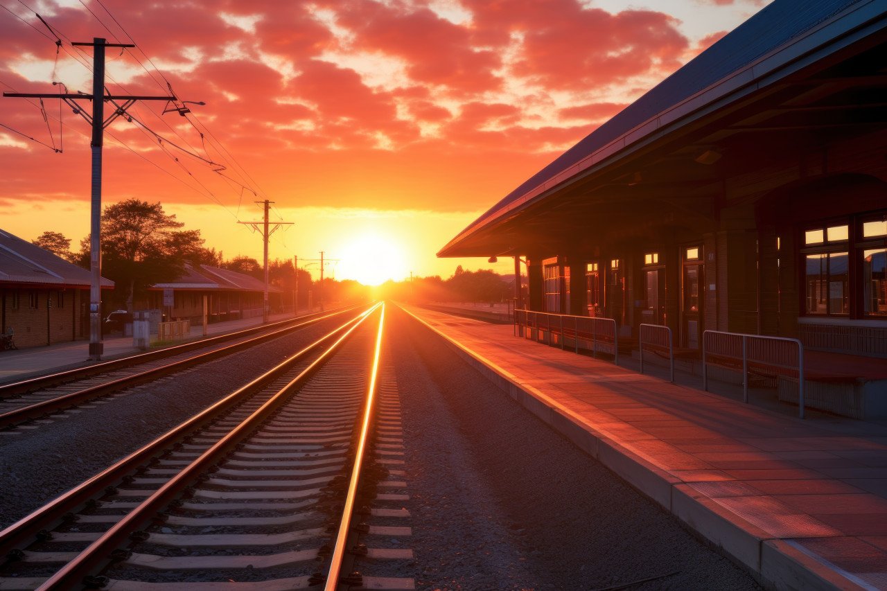 The sun sets gracefully over a bustling train station