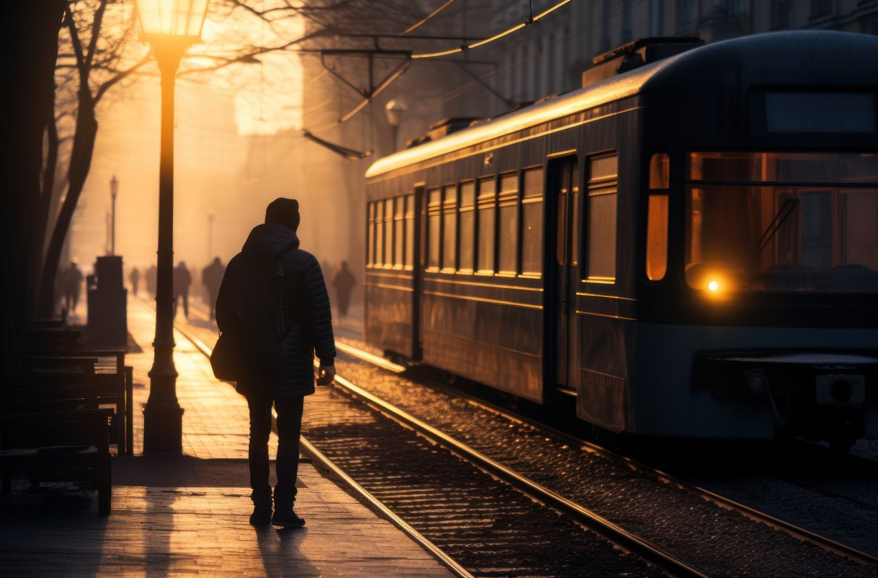 A pedestrian strolling on a city street with a train visible in the background