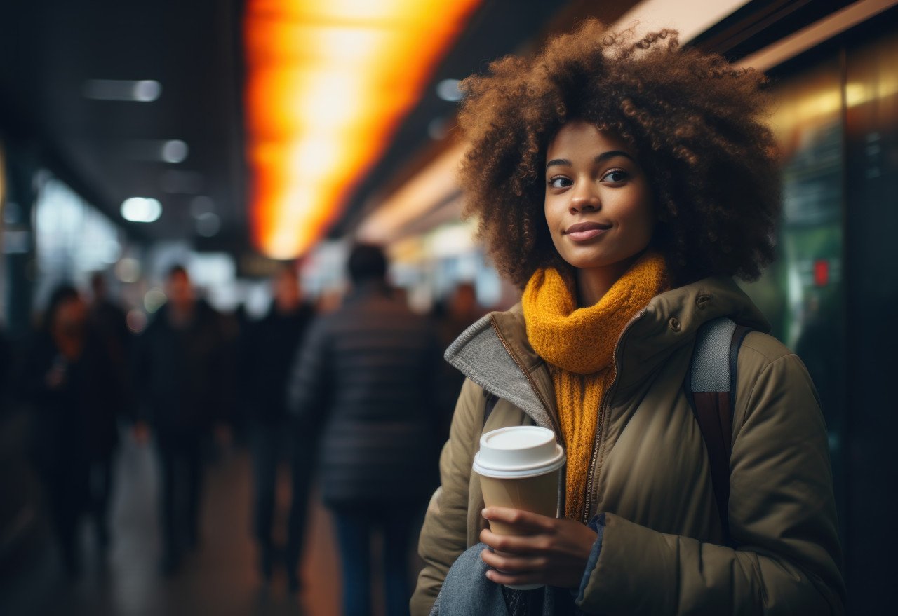 A lady in a subway station savoring a coffee moment while standing and holding a cup