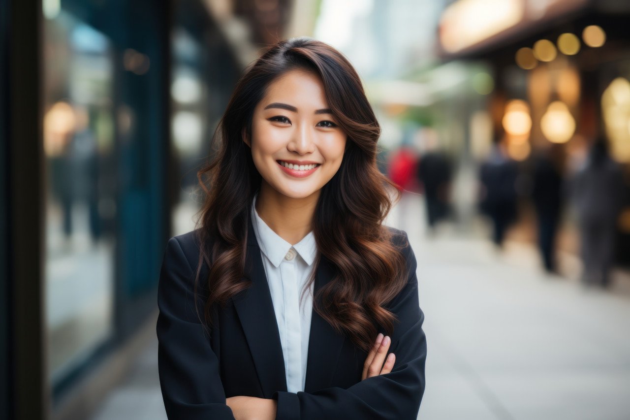 A portrait of a confident young asian businesswoman in an urban setting exemplifying professionalism and success