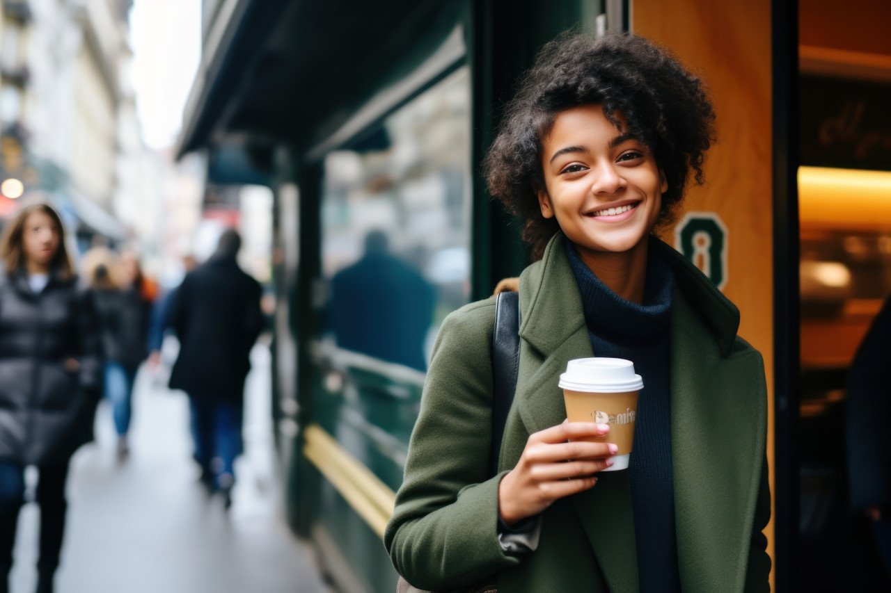 A young woman savors her coffee against the backdrop of a metro train