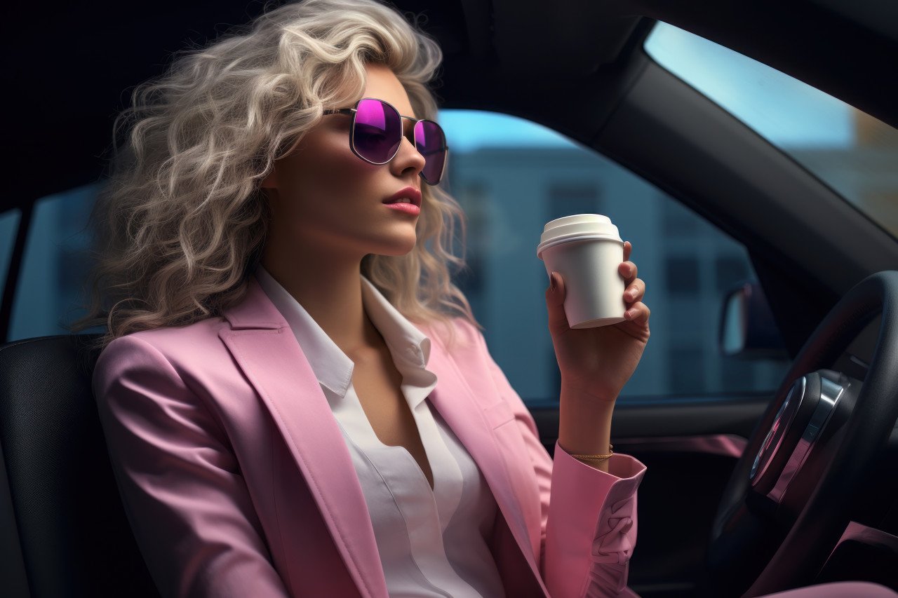 Woman enjoying coffee while driving multitasking on the road with a cup in hand
