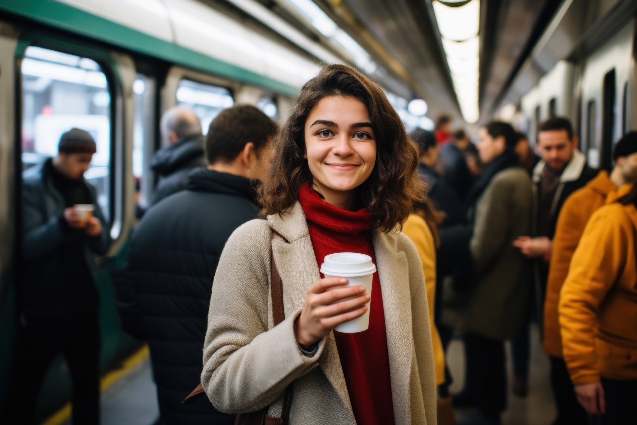 Young woman holding coffee in front of a train