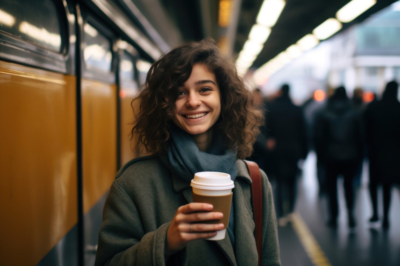 Woman with coffee standing by a train