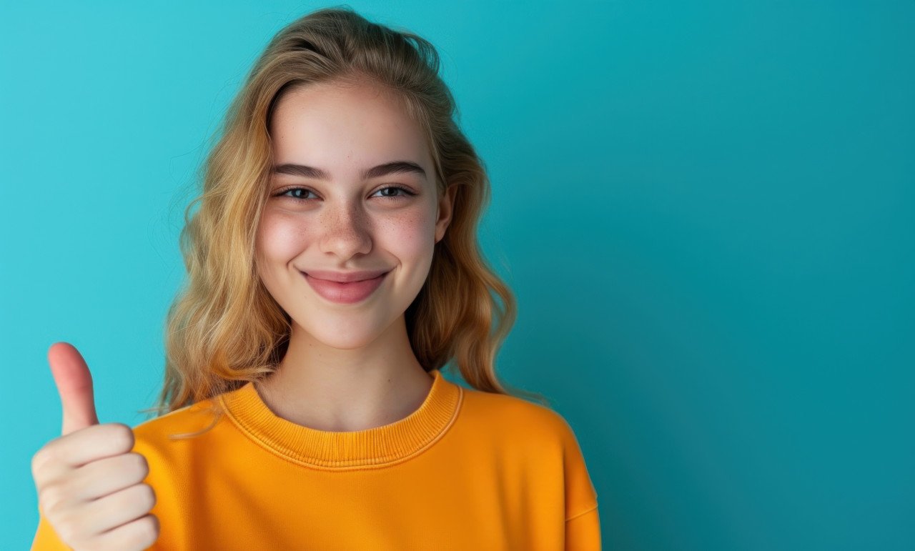 Young lady giving thumbs up on blue background