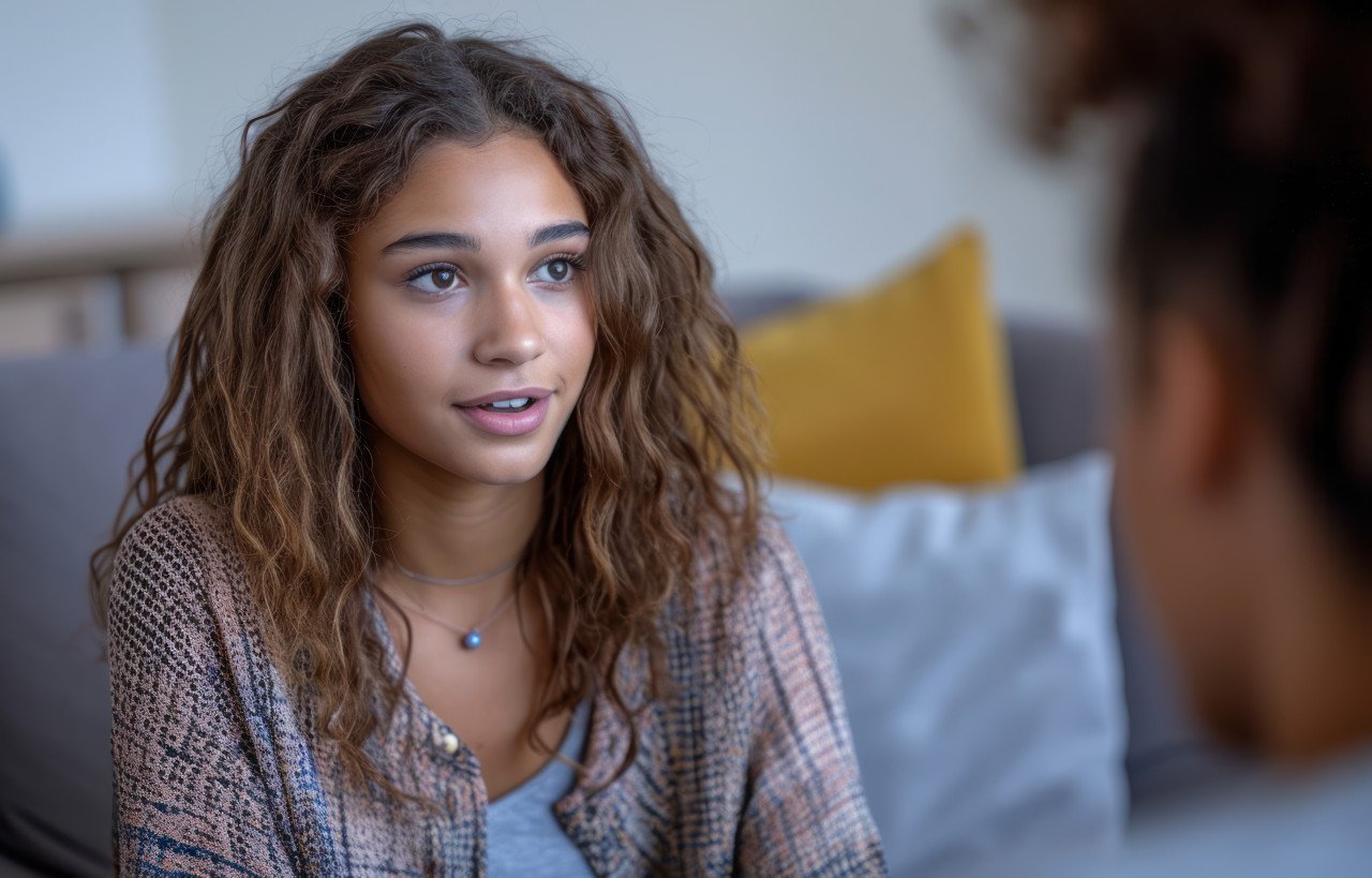 A young woman seated on a couch talking with someone