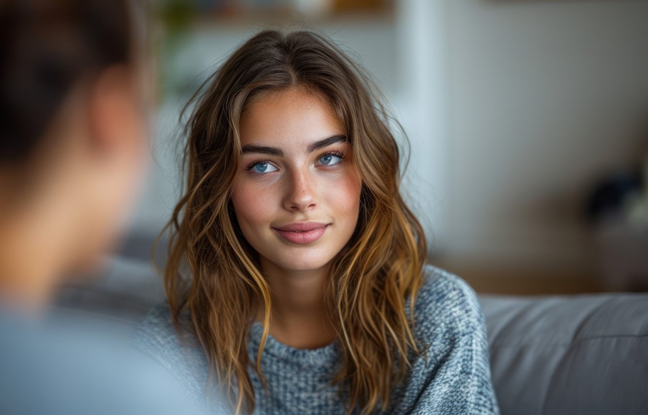A woman on a couch having a conversation with someone engaged in discussion