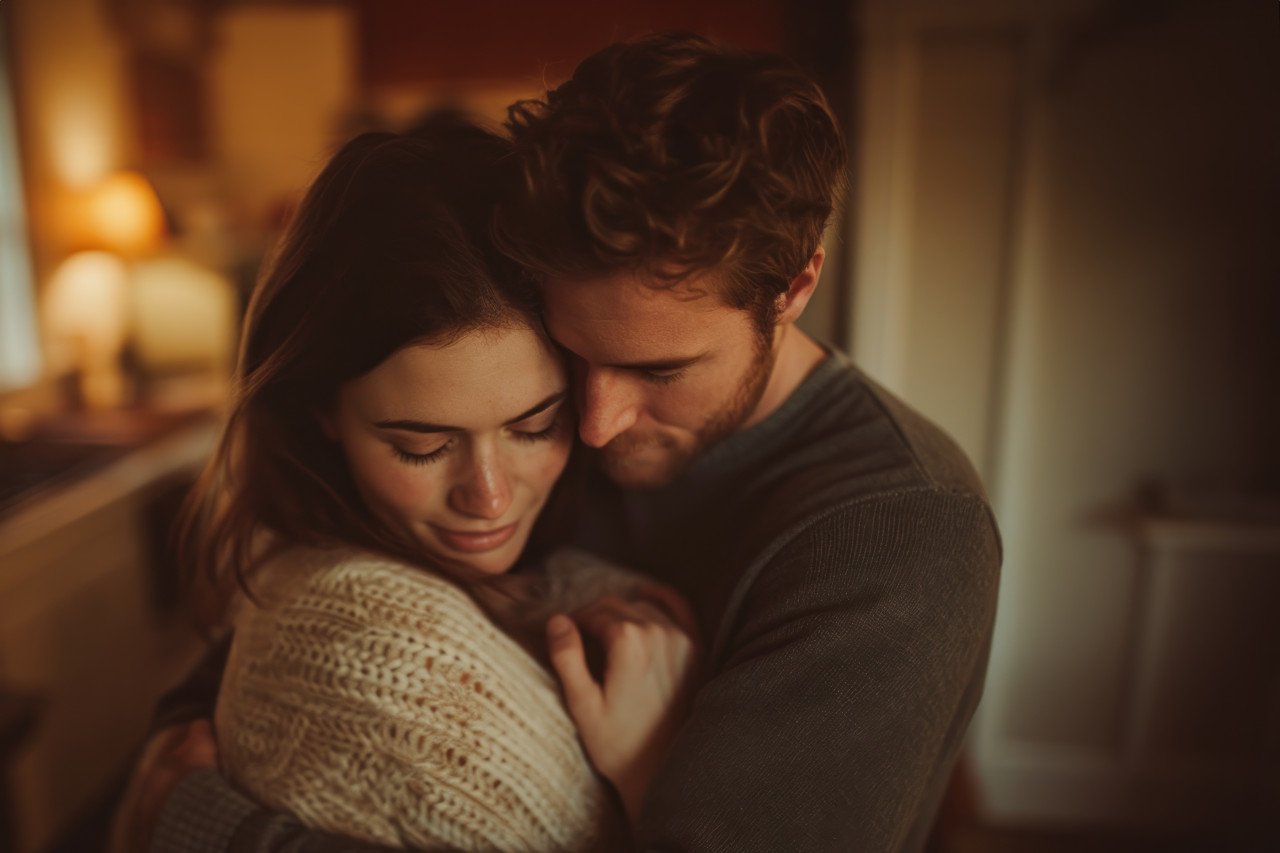 A man lovingly embraces a woman in her home