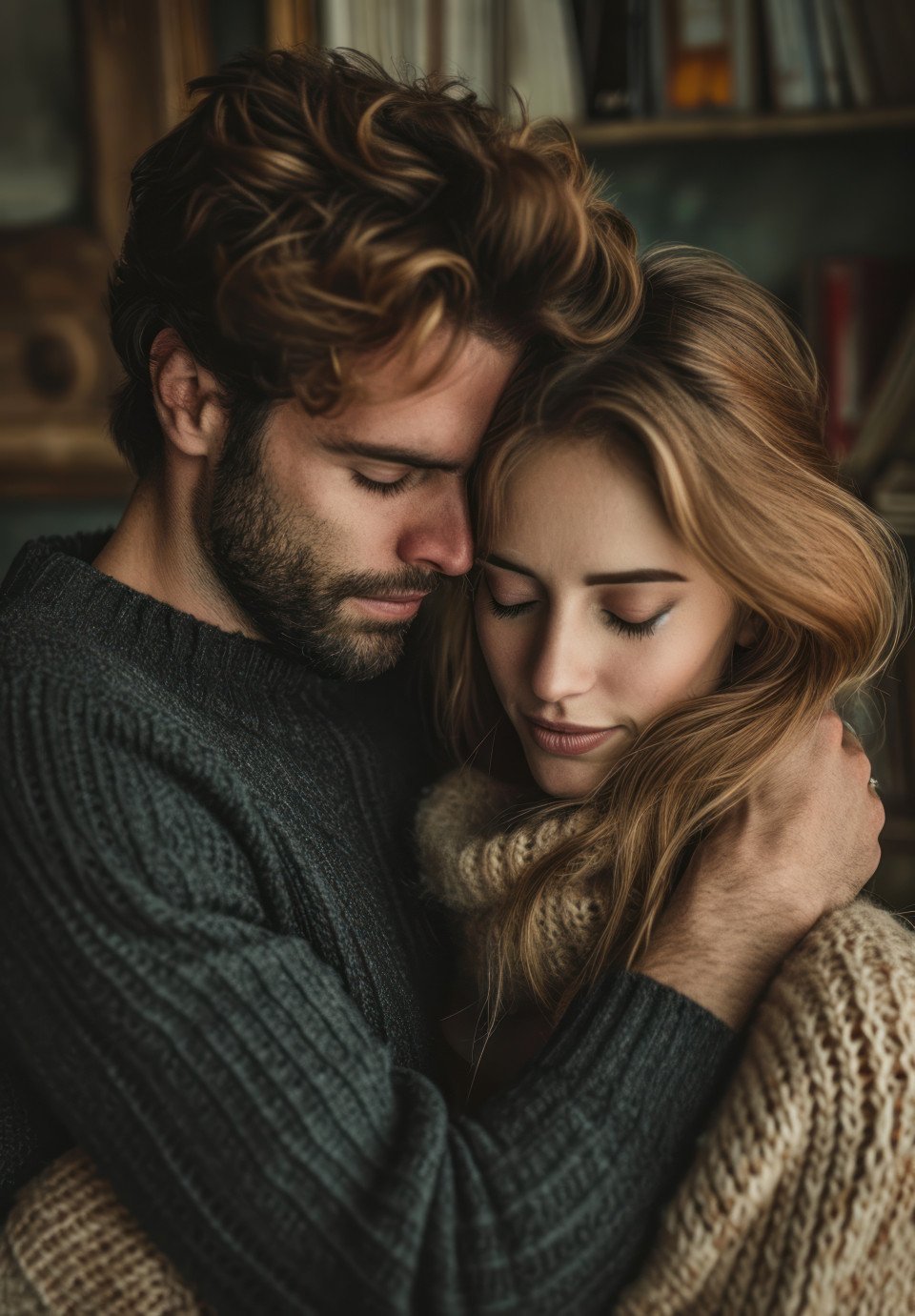 Man and woman embracing in room