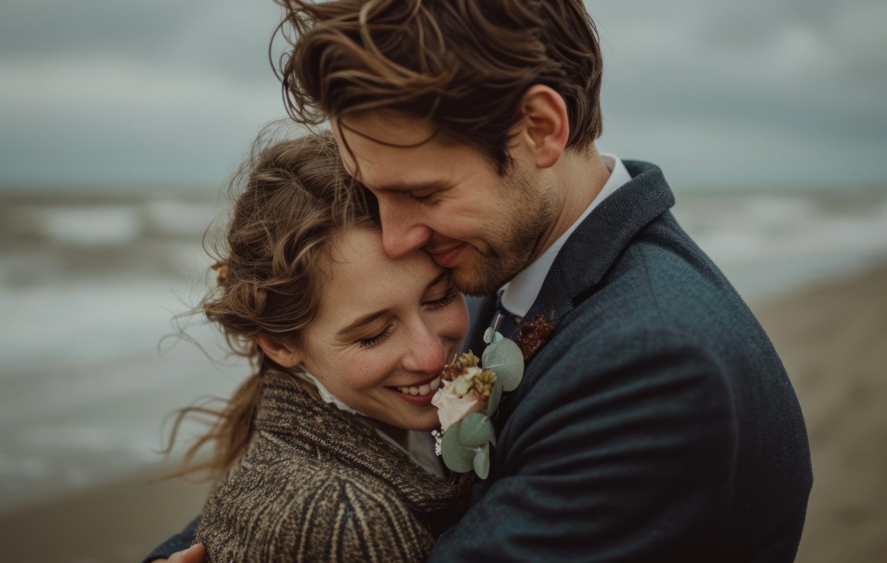 Married couple happily embraces on a sunny beach