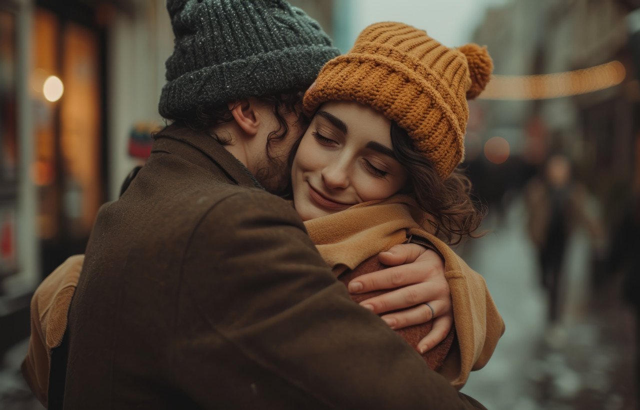 Embracing couple on a city street