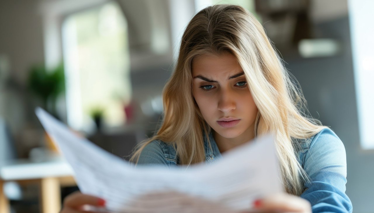Concerned woman reads bank statement letter expressing financial stress