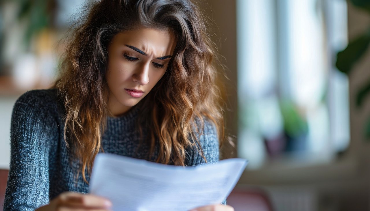 Concerned woman reads her bank statement letter
