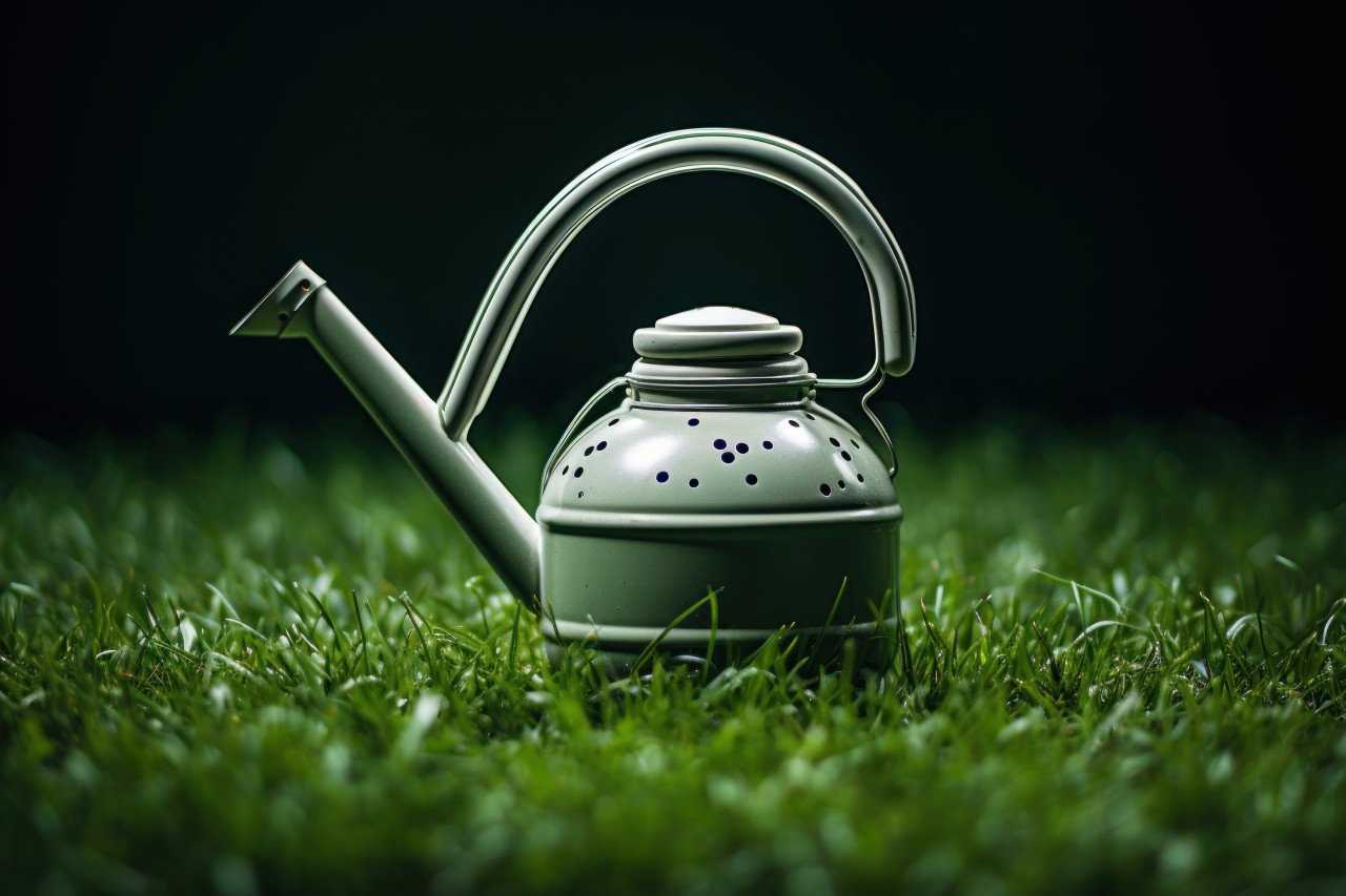 Garden watering can on grass ready for plant care