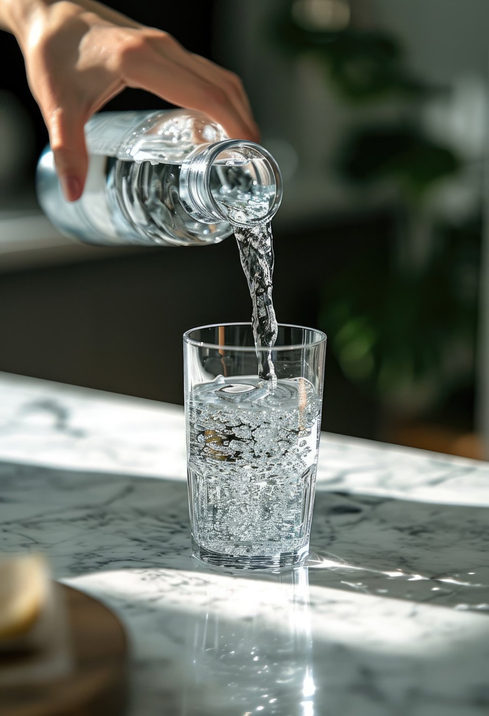 Person pours water into a glass refreshing moment captured with liquid flowing gracefully