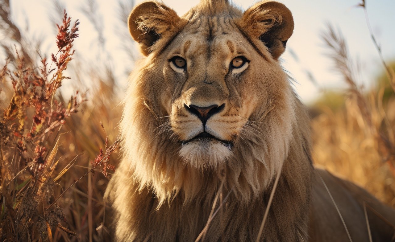 Powerful lion in tall grass