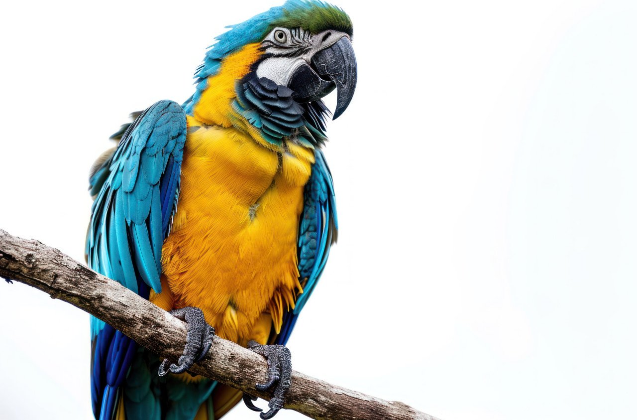 Blue and yellow parrot perched on a branch against a white background