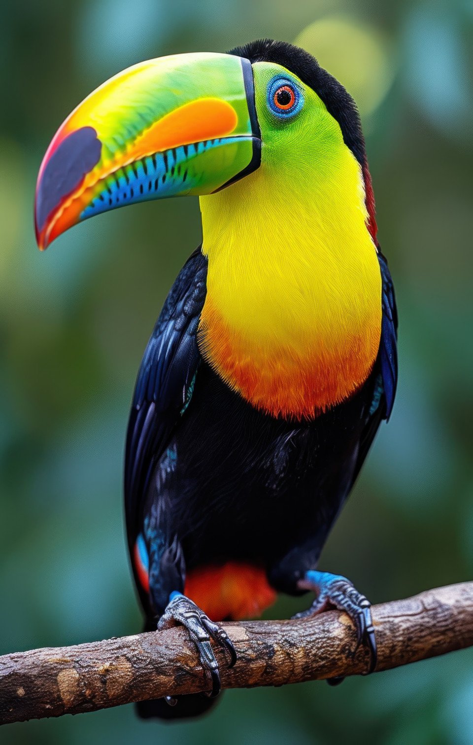 A colorful toucan bird perches on a branch