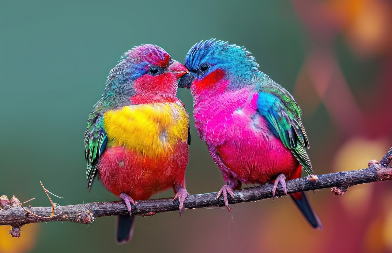 Two colorful birds touching faces on a branch