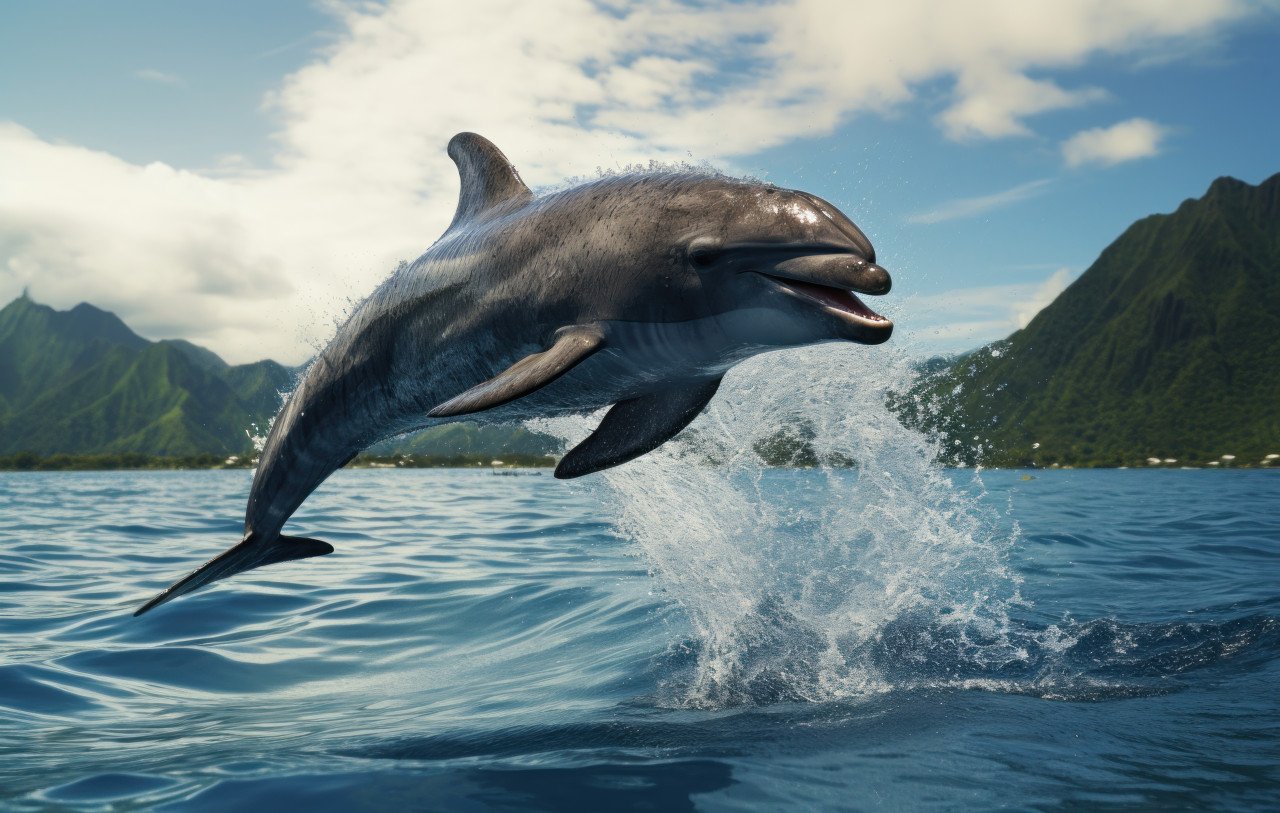Playful dolphin jumping out of crystal blue water