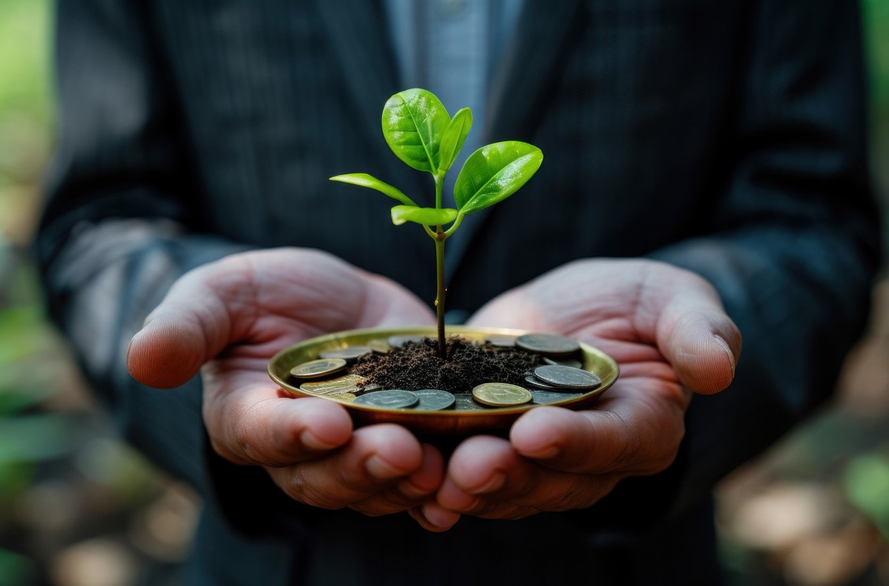 A businessman in a suit presents a tray of coins and a small green plant