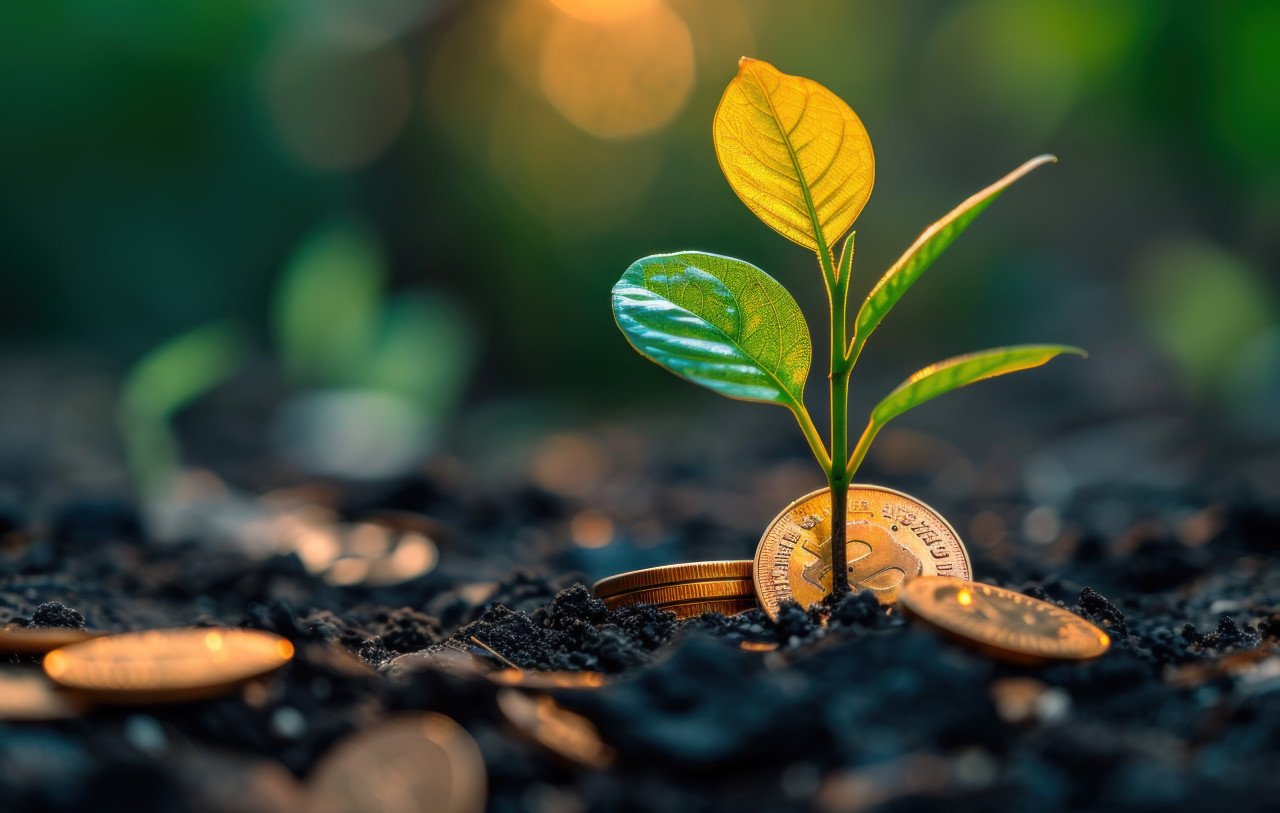 A growing plant from coins representing financial success and prosperity