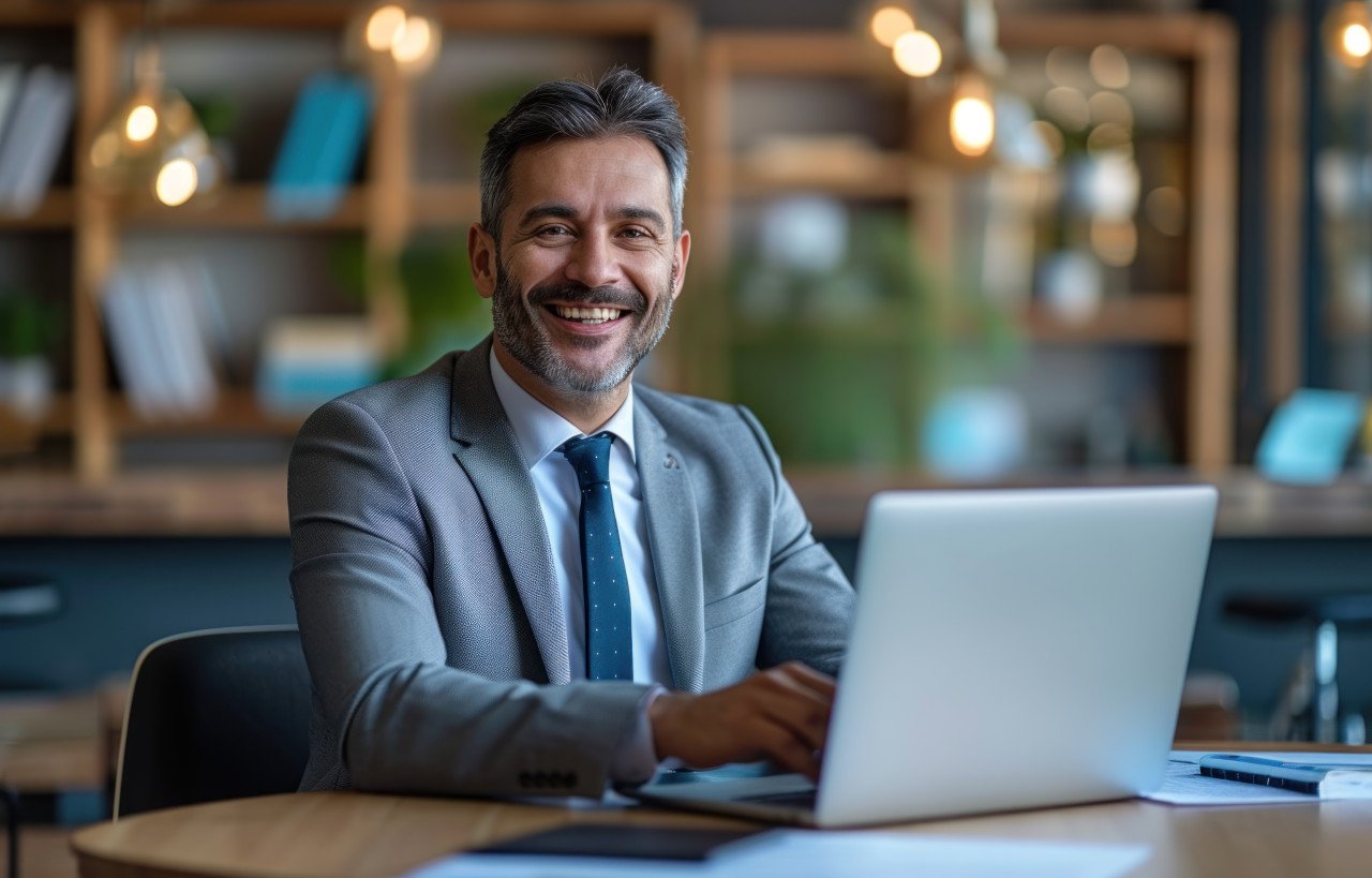 Professional man using laptop at work in an office setting