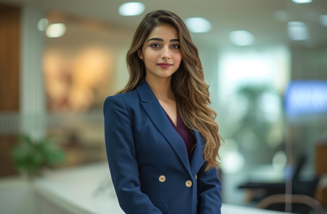 Professional lady in blue suit at office desk